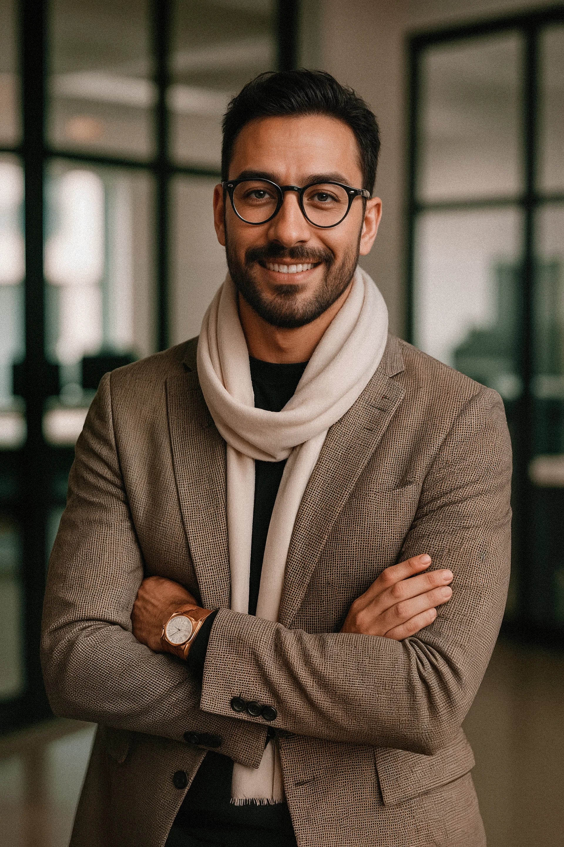 Man wearing a brown coat and beige scarf with a blurred indoor background