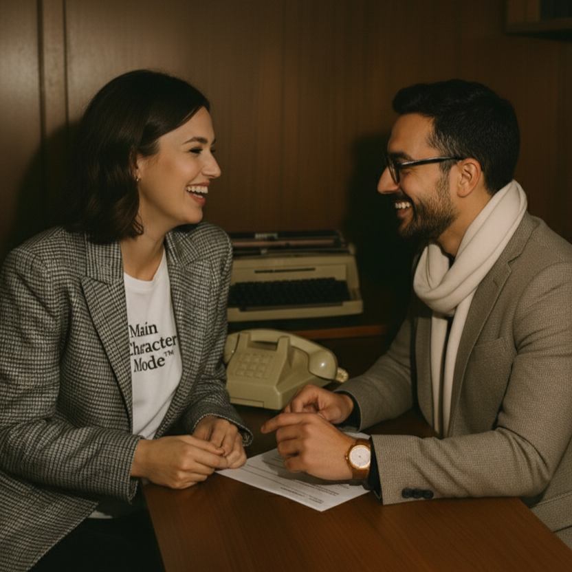 Two people sitting together, smiling and engaged in conversation, with a vintage typewriter in the background.