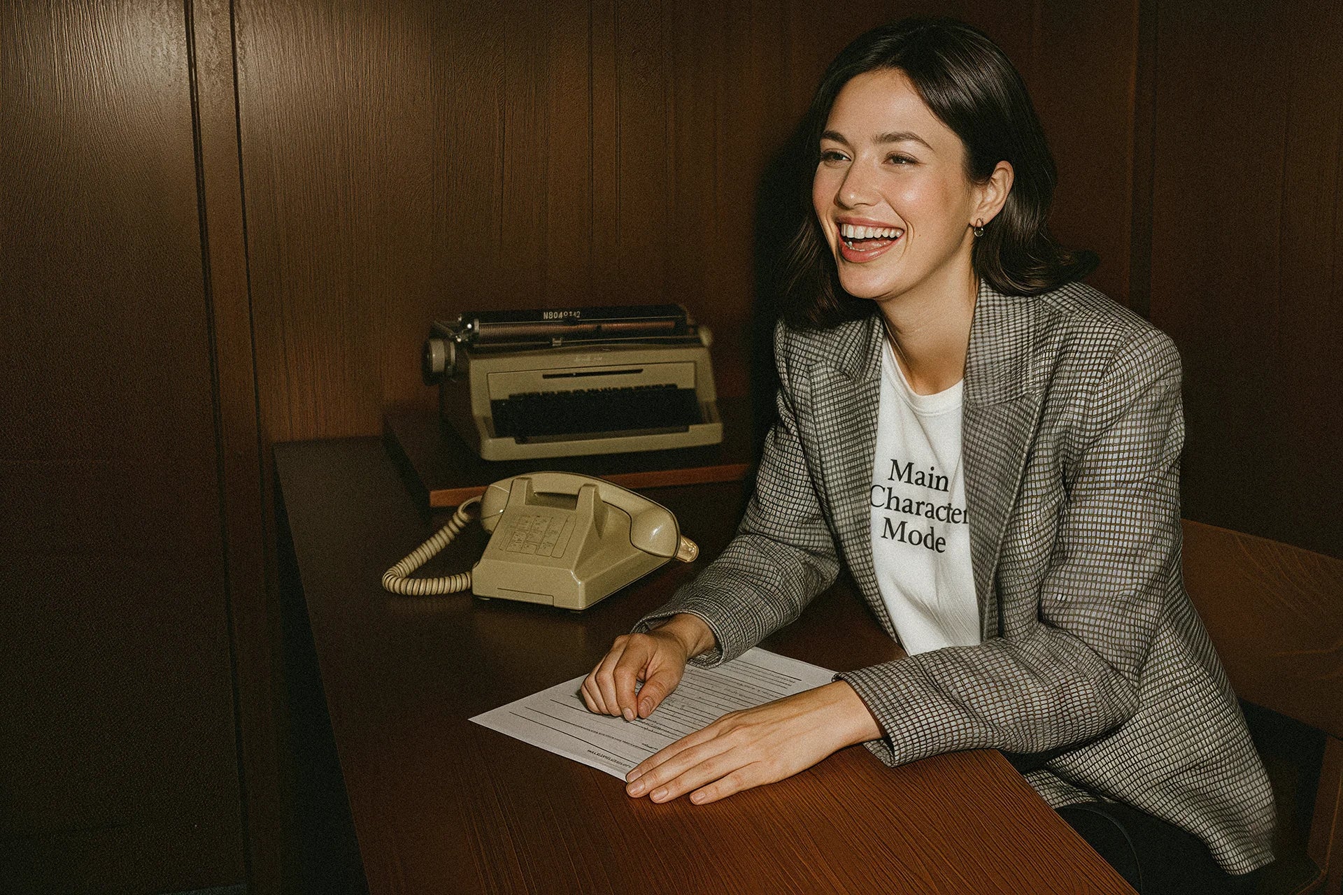 Woman sitting at a desk with a typewriter and phone, wearing a jacket with text on it.