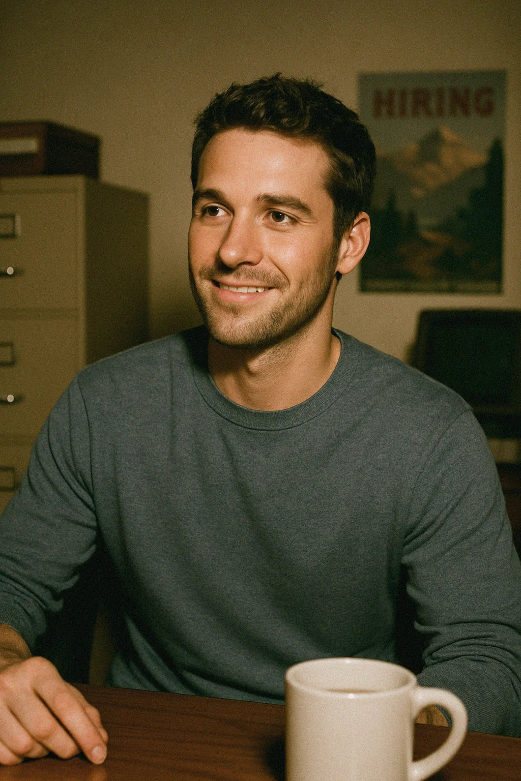 Man sitting at a desk with a coffee mug, smiling in an office setting.