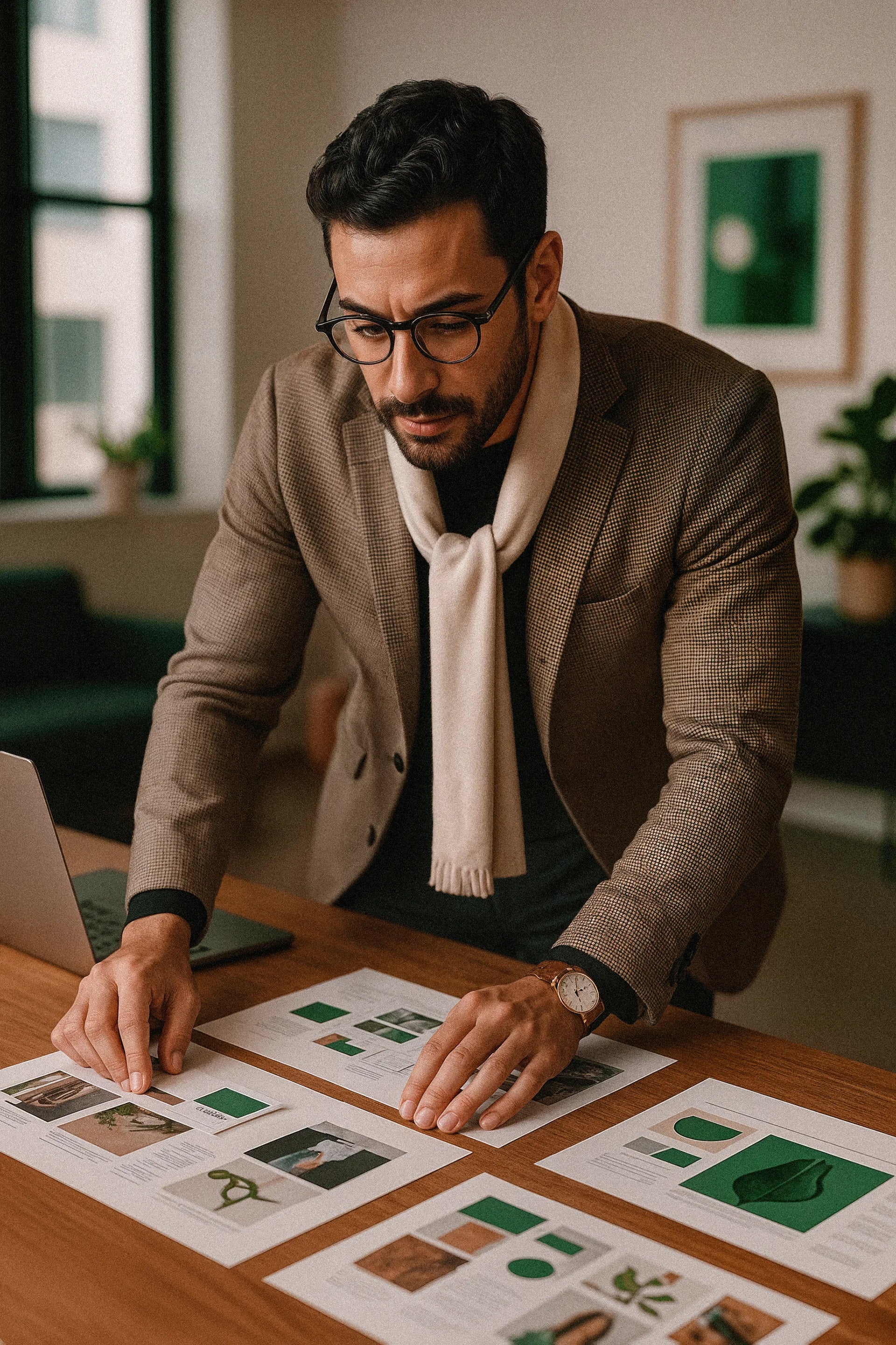 Man in a brown jacket and glasses looking at printed materials on a table.