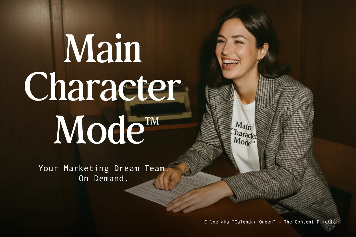 Woman sitting at a desk with text 'Main Character Mode' displayed.