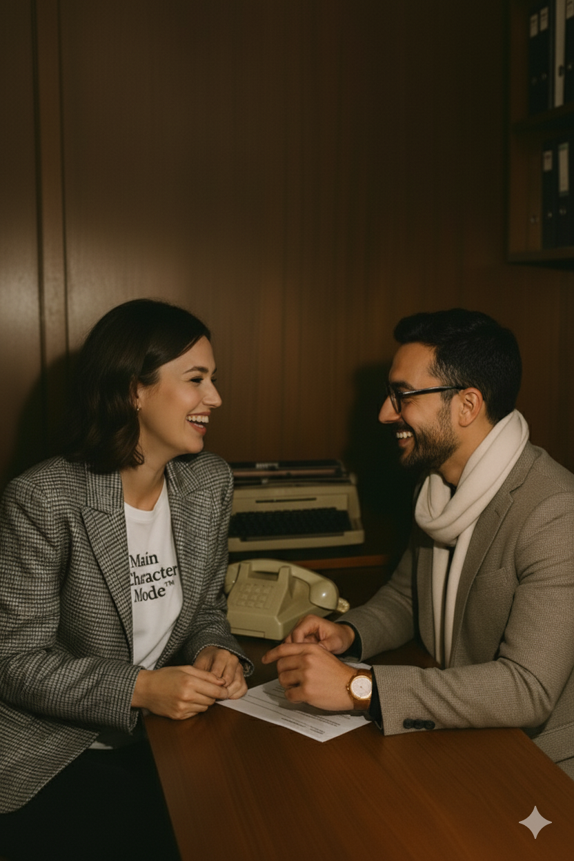 Two people sitting together, smiling and engaged in conversation, with a vintage typewriter in the background.